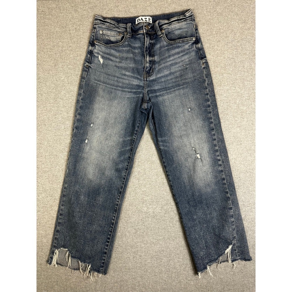 Daze Denim Womens High Rise Straight Leg Distressed Raw Step Hem Blu